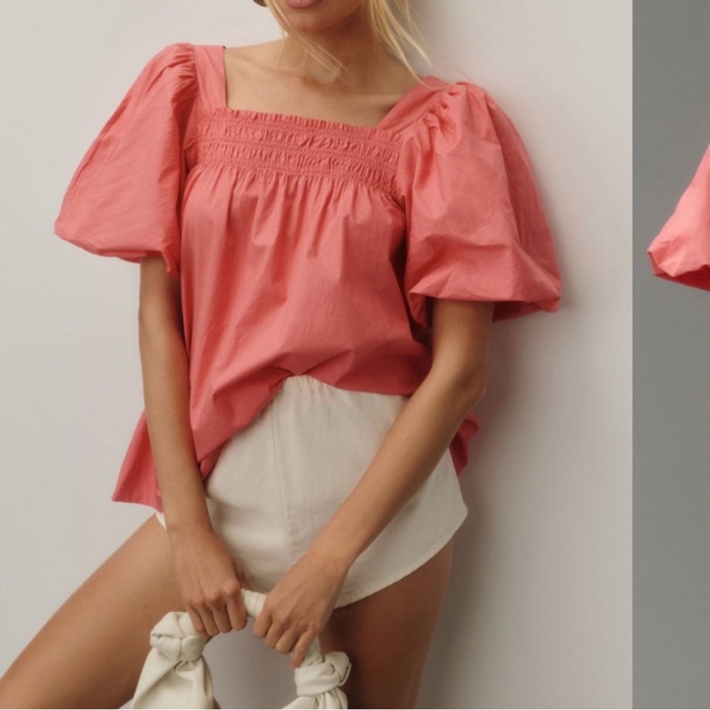 Anthropologie Maeve Pink Puff-Sleeve Smocked Square-Neck Top size small